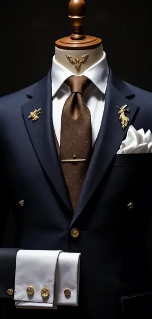 Navy double-breasted suit with a brown tie and gold accessories