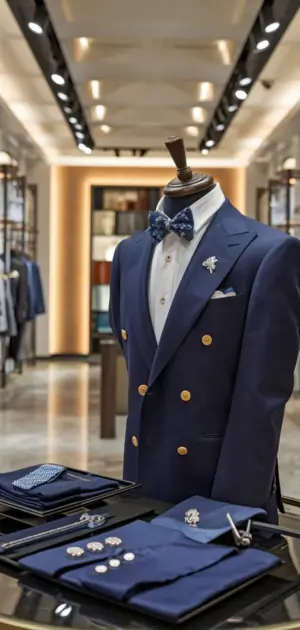 Navy suit with blue tie, silver chain accessory, and floral lapel pin.