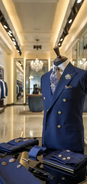 Double-breasted navy suit with gold buttons, paisley tie, and pocket square