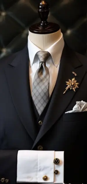 Navy suit with a grey patterned tie and gold brooch