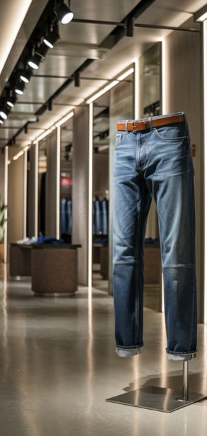 Light-wash raw jeans on display in a well-lit retail space