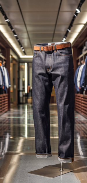 Slim-fit raw denim jeans displayed in a luxurious showroom