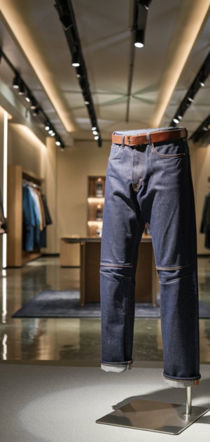 mannequin featuring deep-indigo raw jeans with rolled cuffs