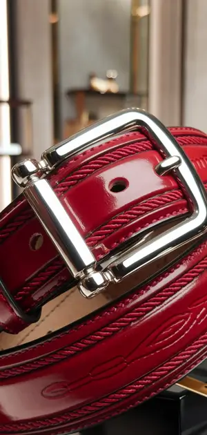Red belt with a wide silver buckle and textured details on display