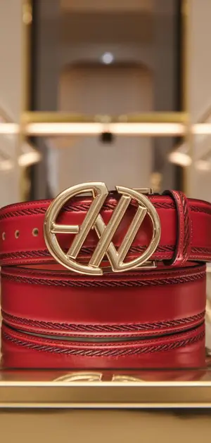 Red belt with a bold logo buckle in a premium store setting
