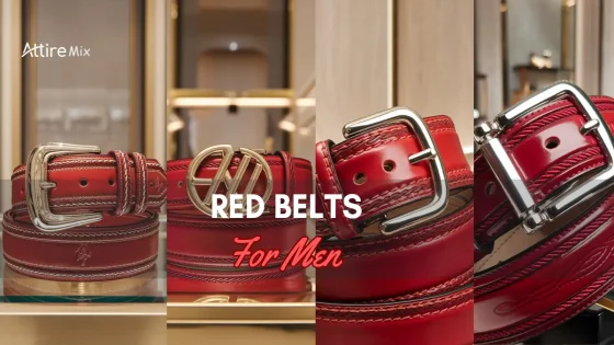 Various Red Belts For men with stylish buckles displayed in a luxury showroom