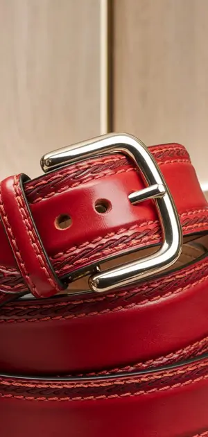 Bright red leather belt with a polished buckle showcased on a reflective table.