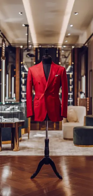 Red blazer displayed on a mannequin in a modern luxury showroom.