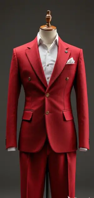 A modern red double-breasted suit with gold buttons and a white shirt on a mannequin