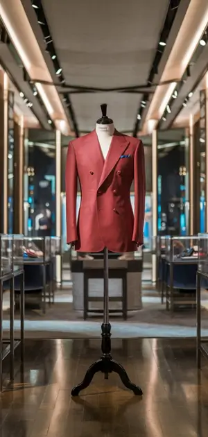 Red blazer with white shirt displayed on a mannequin in a high-end store