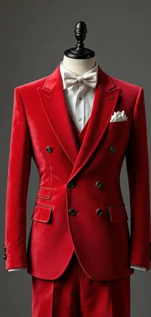 A double-breasted red suit with peak lapels, white bow tie, and pocket square on a mannequin