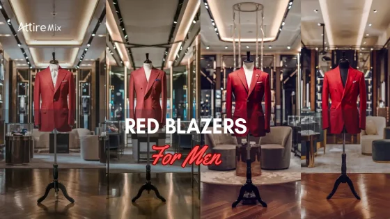 Four mannequins showcasing Red Blazers For men in a luxurious and modern showroom setting.