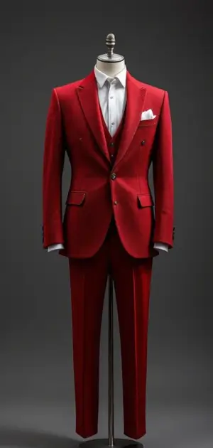A tailored red three-piece suit with a white shirt and pocket square on a mannequin