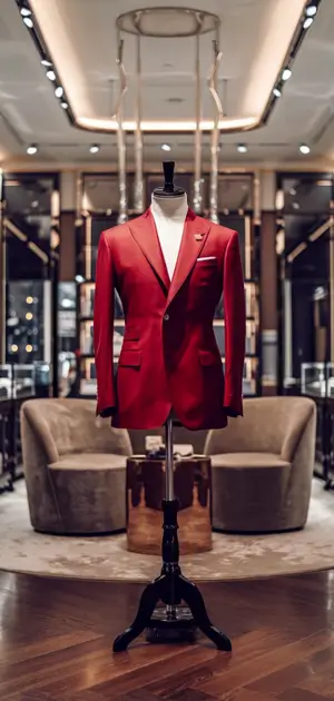 Elegant red blazer with black turtleneck on a mannequin in a luxury setting