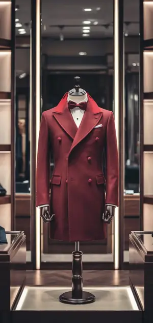 Rich red coat with peak lapels on a mannequin