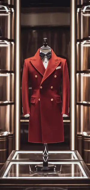 Vibrant red coat with gold buttons in an elegant setting.