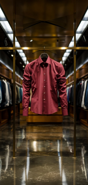 Red shirt on a mannequin with detailed cuffs in a luxurious showroom