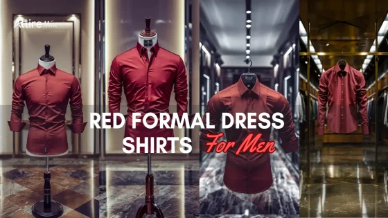 Collage of red formal Red Formal Dress Shirts For men displayed in luxurious showroom settings.