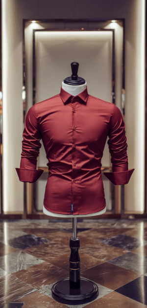 Red formal dress shirt displayed on a mannequin in a luxury showroom