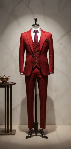 A tailored red three-piece suit with a stylish and elegant fit.