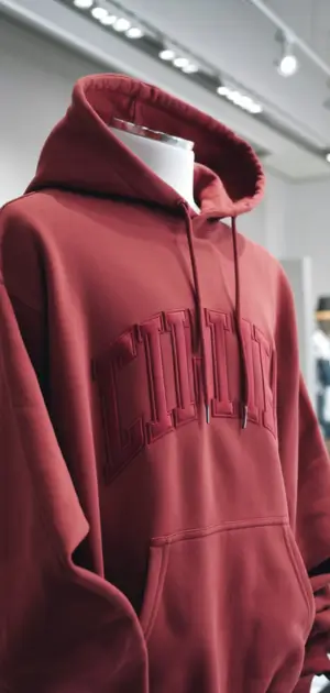 Dark red hoodie with embossed text on the chest.