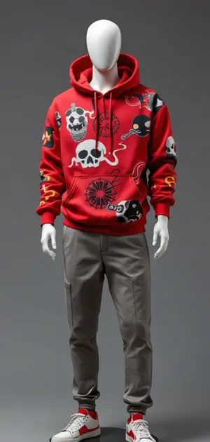 Red hoodie with cartoon skulls, masks, and other playful graphics all over
