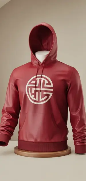 Red hoodie with circular embossed logo design