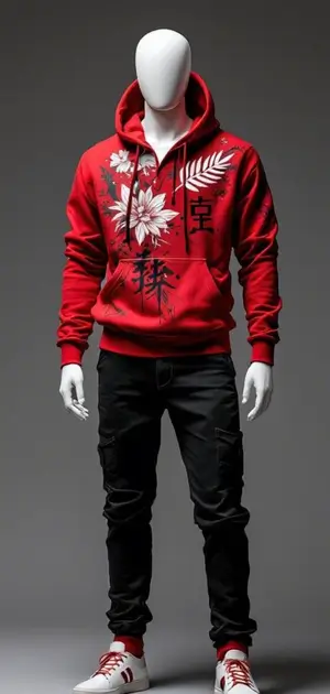 Red hoodie with large floral prints and black Asian characters on the front