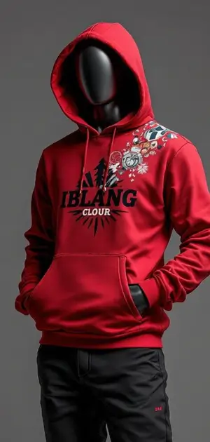 Red hoodie with black "IBLANG CLOU" text and colorful graphic designs on the shoulder.