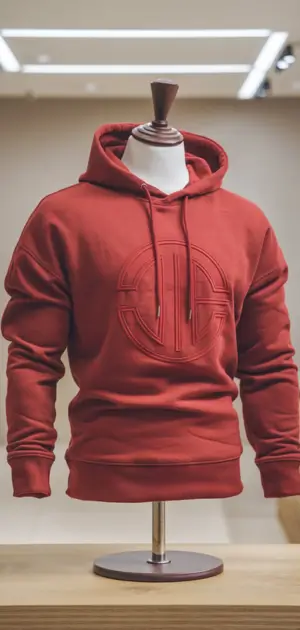 Bright red hoodie with white circular printed logo