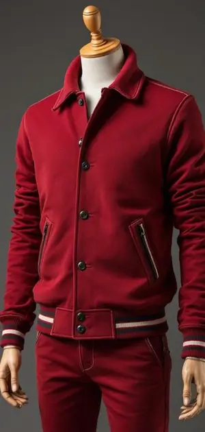Deep red button-up jacket with striped waistband