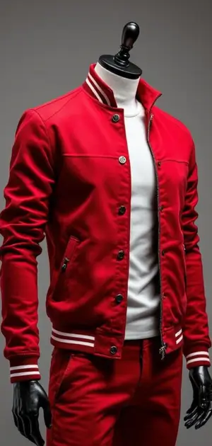 Red varsity jacket with white stripes and a white T-shirt