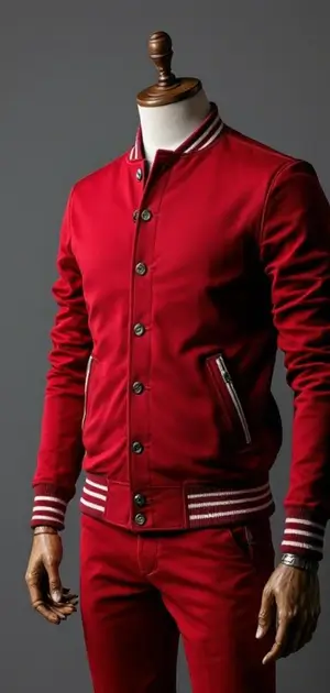 Red varsity jacket with striped cuffs and collar