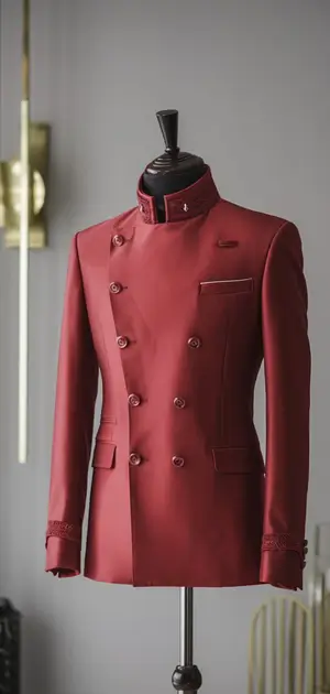 Red military-style jacket with high collar