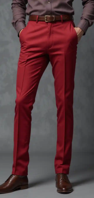Man in deep red formal trousers with a brown belt and dress shoes