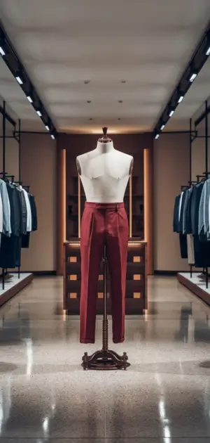 Elegant red formal pants displayed on a stand in a modern clothing store