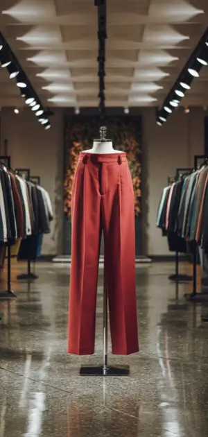 Classic red pants on a display stand in a fashionable men's store