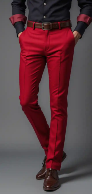 Man in vibrant red slim-fit trousers with a black dress shirt and brown shoes