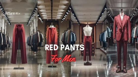 compilation image of red pants for men displayed in different store setups