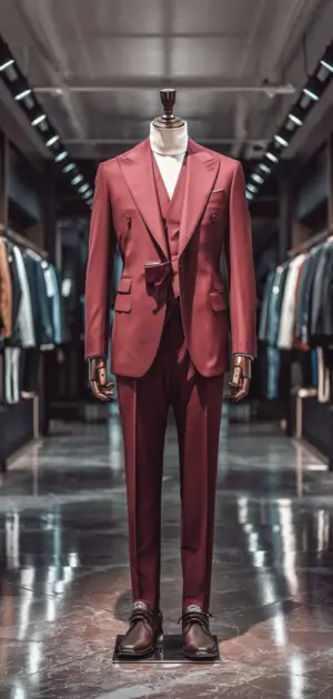 formal red suit with matching pants and blazer on a mannequin