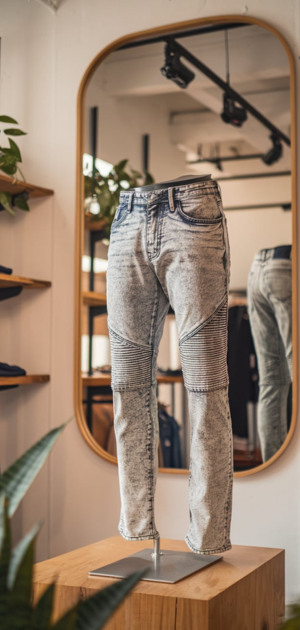 Distressed gray jeans on a mannequin with a mirrored background