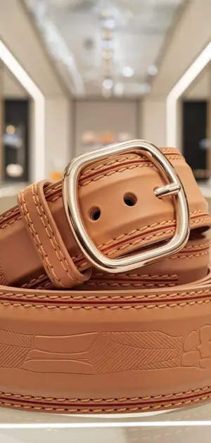 Tan rubber belt with embossed patterns and a square silver buckle in a modern store setting
