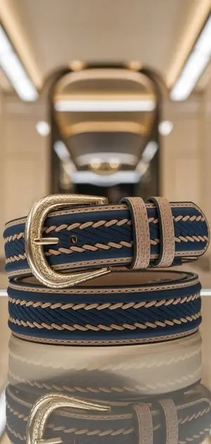 Blue braided rubber belt with detailed beige accents and a golden buckle