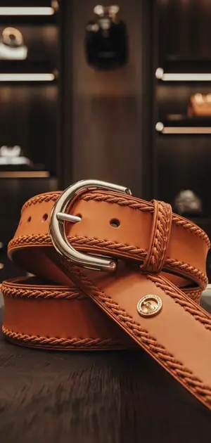 Close-up of a tan rubber belt with detailed stitching and a rounded silver buckle