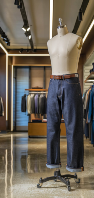 Mannequin presenting selvedge jeans styled with a sleek belt in a contemporary store.
