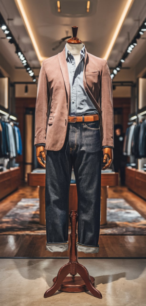 Mannequin featuring selvedge jeans paired with a blazer and dress shirt in a