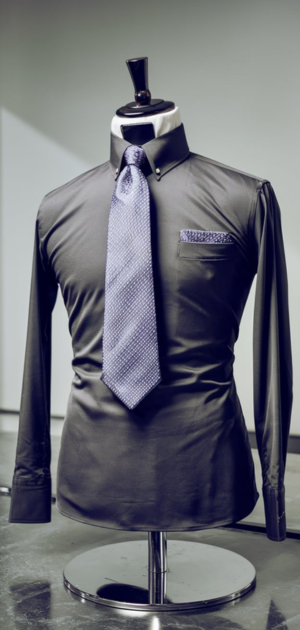 Dark silk dress shirt with a purple tie and pocket square on a mannequin