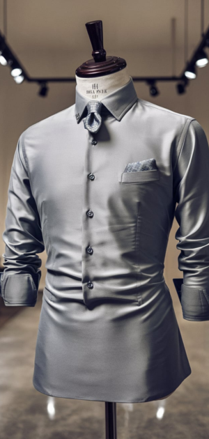 Silver silk dress shirt with a matching tie and pocket square on display