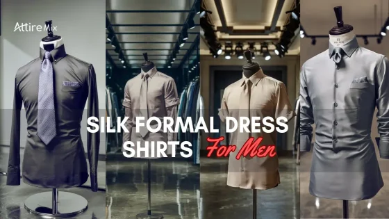 Collage of silk formal dress shirts for men in dark, silver, beige, and pink on mannequins