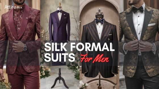 Four stylish silk formal suits for men in unique colors and patterns and silk formal shirts for men.